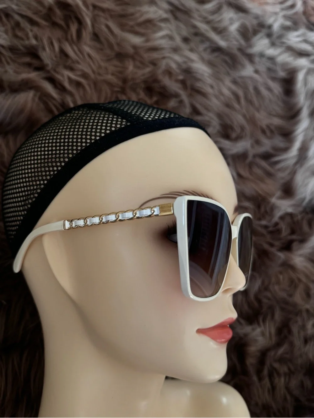 Futuristic sunglasses white cat eye brown lens gold chain style accents